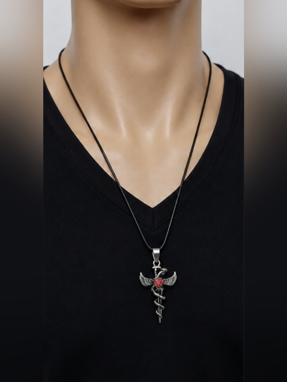 Dragon Wings Pendant Necklace | Red Crystal | Gothic Punk Black Cord, T5B9D